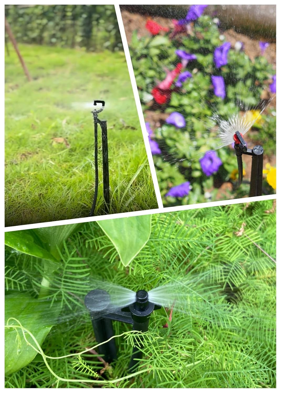 Drip Irrigation Micro Spray Emiters: 180° 360° and Rectangular Sprinkler Nozzles 3 pcs Each, with 1/4-Inch Tubing and Barbed Inlet on 20-Inch High Stake 9 pcs