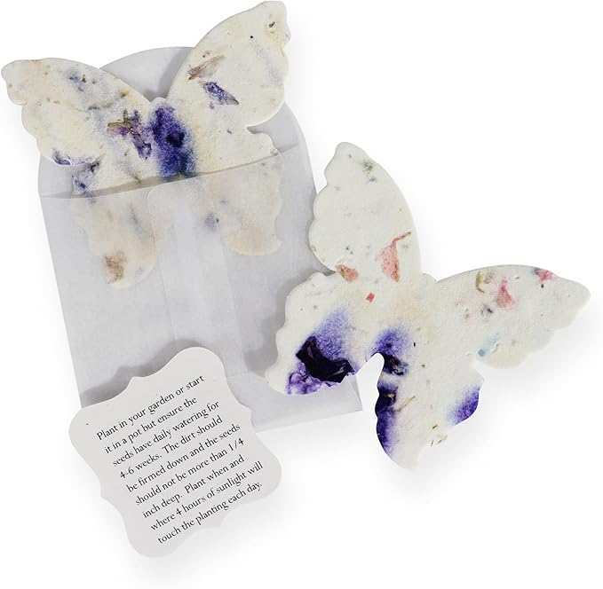 Wildflower Seed Paper - Set of 24 Purple Butterfly-Shaped with Envelope and Planting Instruction, Writable & Plantable Gift for Mom and Plant Lover, Ideal for Wedding, Memorial, Baby Shower