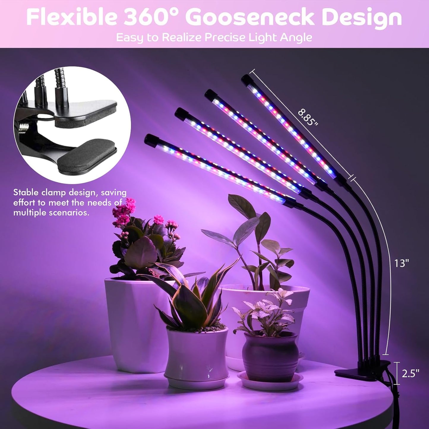 Shyineyou Grow Lights for Indoor Plants Full Spectrum, 80 LEDs Plant Lights for Indoor Growing with 3/9/12H Timer, 3 Color Modes & 9 Brightness, 4 Heads Clip-On Plant Grow Light