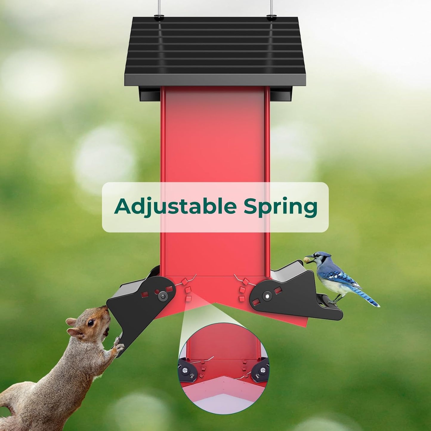 Squirrel Proof Bird Feeders for Outdoors Hanging, 5LBS Large Capacity, Metal Wild Seed Feeder with Bilateral Weight-Activated Perches, Anti Squirrel Birdfeeder for Outside Finch, Cardinal- Red