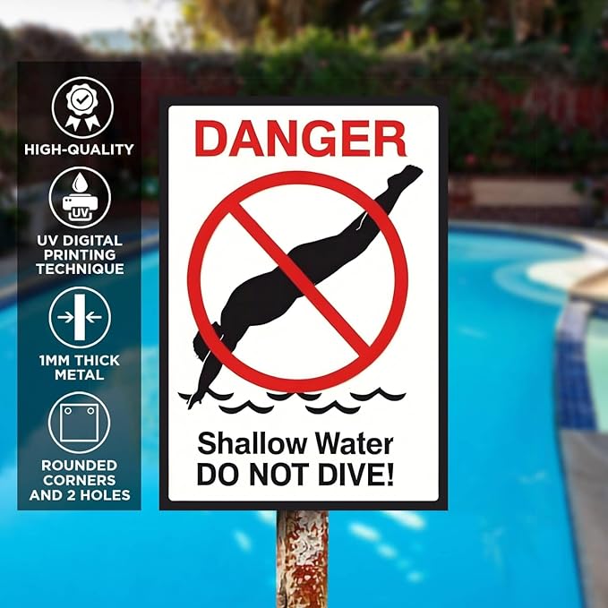 Shallow Water Do Not Dive No Diving Allowed Tinplate Pool Sign - Splash-Proof Outdoor Metal Decor for Backyard Safety & Pool Rules