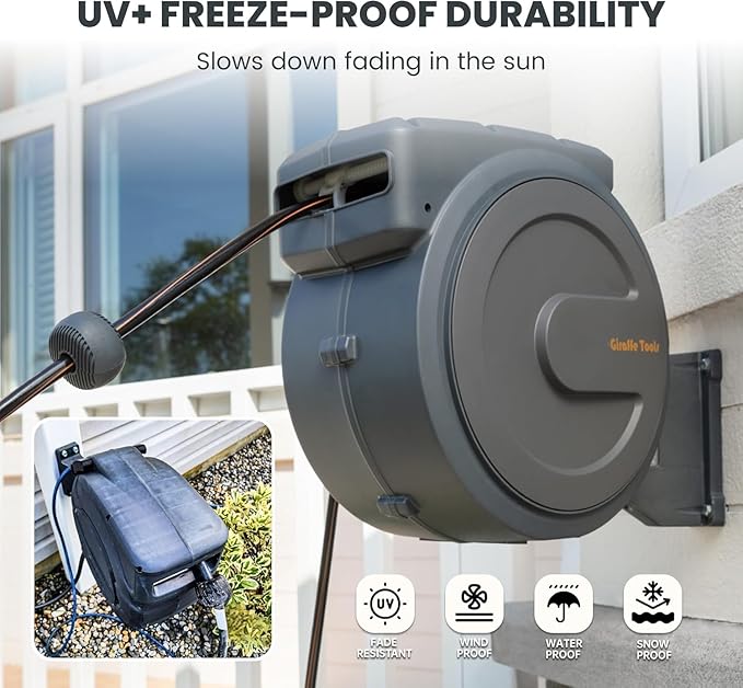 Giraffe Tools AW30 Wall Mounted 1/2" x 100 ft Garden Hose Reel, Retractable Water Hose Reel, Automatic Rewind & Lock at Any Length