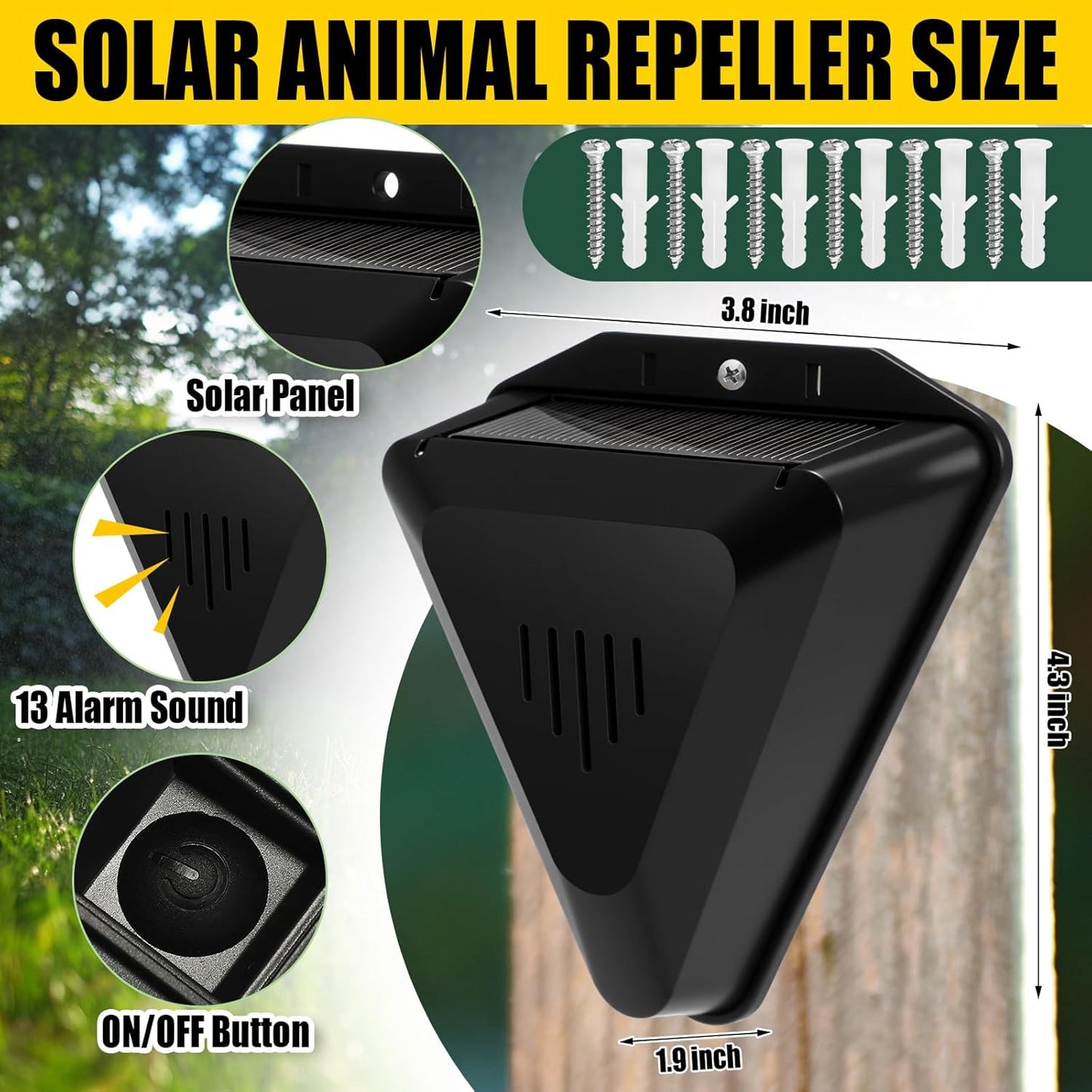 Qualirey 6 Pack Solar Animal Repeller Outdoor Alarm Deterrent Sound Dog Barking Alarm 13 Sounds 130db Loud Noise Maker Daytime Working Deer Skunk Raccoon Repellent for Home Villa Yard Farm (Black)