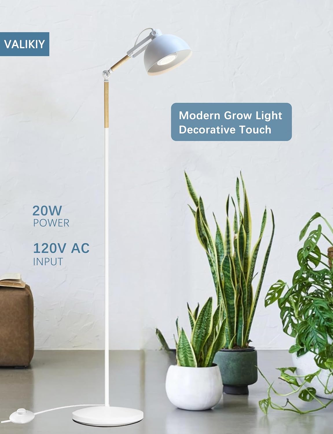 LED Grow Light for Indoor Plants, 20W Adjustable Standing Grow Lamp with Rotatable Head, Foot Switch & External Timer, Full Spectrum, Energy-Efficient & 97+ CRI for Thriving, Lush Growth