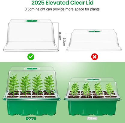 Bonviee 10 Packs Seed Starter Tray with Elevated Lid, 120 Cells Thicken Seed Starting Trays Kit with Adjustable Humidity Vent, Clear Cell Tray and Heightened Lids for Greenhouse & Gardens, Green