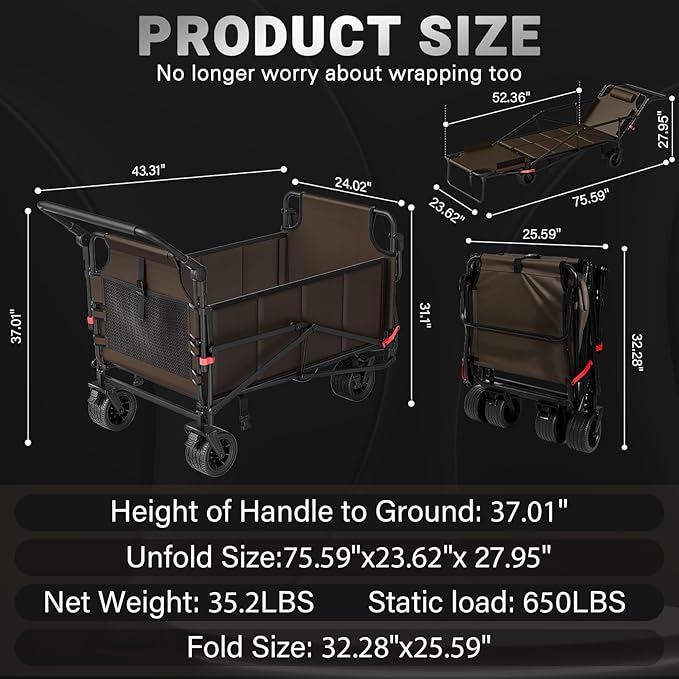 LEVELEVE Heavy Duty Folding Wagon - 2-in-1 Collapsible Cart, 650lb Capacity, All-Terrain Wheels w/Brakes & Side Pockets (Brown)