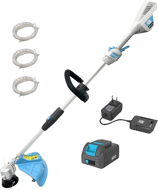 RB 40V 15" Cordless 2-in-1 Grass Trimmer and Edger – Lightweight, Powerful, with 2.0Ah Battery & Charger & 39ft 0.079'' line, Auto Feed, Adjustable Speed & Telescopic Handle