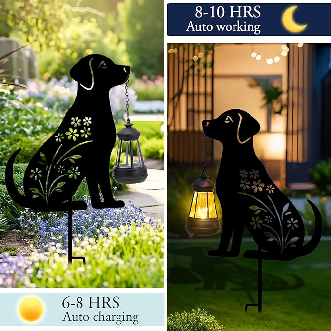 Afirst Solar Outdoor Garden Stake Solar Dog Decorative Stake Light with Lantern Decorative Lights Metal Outdoor Ornament for Yard Pathway Lawn Patio Decoration