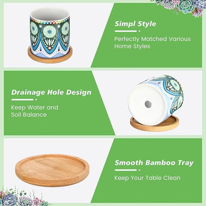 Zopeal 6 Pcs 3 Inch Succulent Pots Succulent Planters Cylinder Ceramic Pots Mandala Multicolor Cactus Pot with Drainage Holes and Bamboo Trays for Indoor Plants Flowers Garden Decoration (Core)