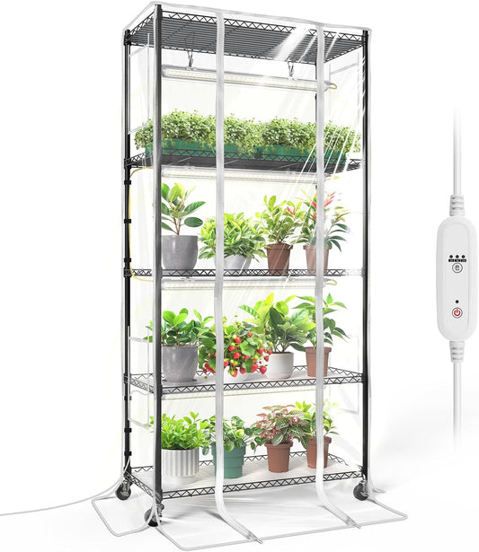 Bstrip Indoor Greenhouse with Grow Light, Mini Green house with 4 Pack T8 Full Spectrum Plant Lights with Timer, Plant Shelf with Tent for Indoor Plant, Seed Starting, Seed Tray, 29.5"x13.8"x59"