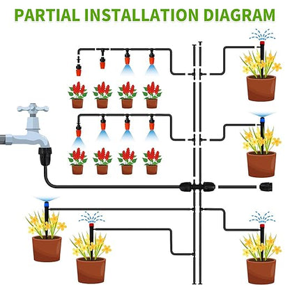 240FT Drip Irrigation System,Automatic Drip Irrigation Kit with 1/2 inch Hose 1/4 inch Distribution Tubing and Accessories,for Lawn Raised Bed Greenhouse Plant Watering System