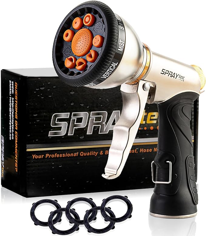 Durable Heavy Duty Garden Hose Nozzle - 9 Spray Patterns & 5 Extra washers - High-Pressure Water Hose Nozzle, Easy to Use for Watering Plants, Dog Wash