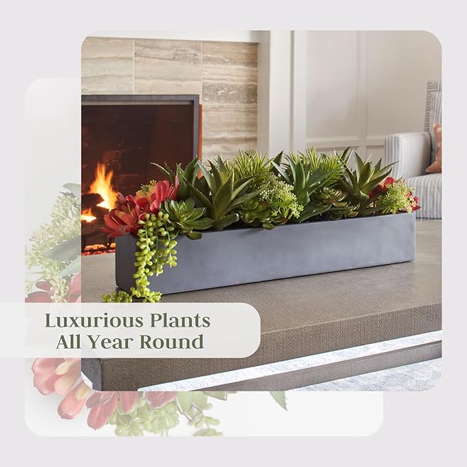 CG Hunter Oblong Faux Succulent Arrangement, Premium Artificial Indoor Plant Enhances Interior Design, Display on any Surface in Your Home Adding an Inviting Touch of Nature, Grey Planter Pot Included