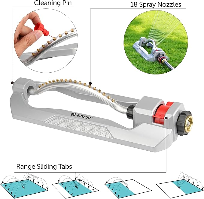 Eden 96218 Heavy Duty Turbo Oscillating Sprinkler, Covers Up to 3,700 sq. ft., 18 Brass Nozzles, Weighted Aluminum Base, Adjustable Range, Quick Connect Bundle, Silver, Red, Black