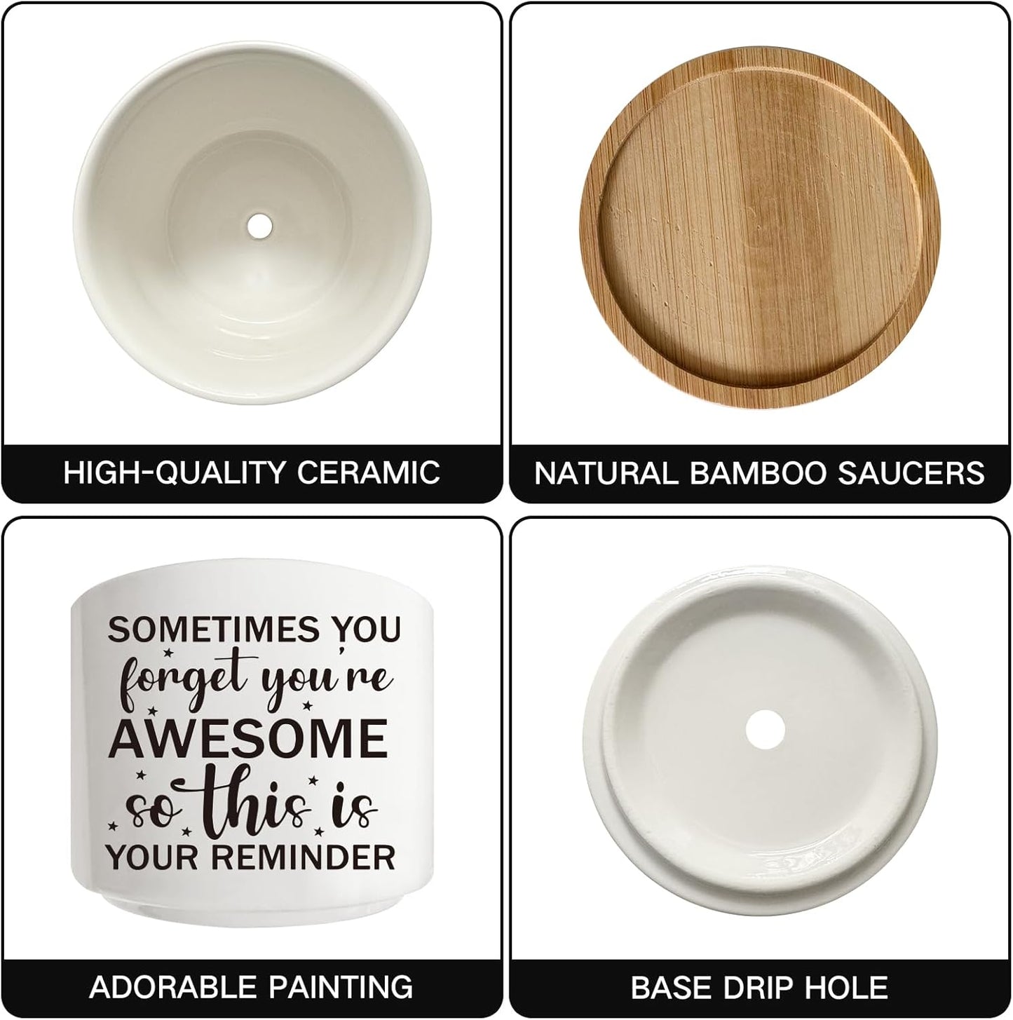 Succulent Cactus Cute Planter Pots with Bamboo Tray, Office Kitchen Home Windowsill Indoor Decor, Gift for Friends Mom Women Coworkers Teachers Plant Lovers