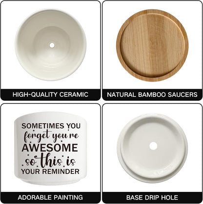 Succulent Cactus Cute Planter Pots with Bamboo Tray, Office Kitchen Home Windowsill Indoor Decor, Gift for Friends Mom Women Coworkers Teachers Plant Lovers