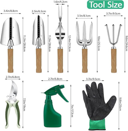 LeMotech Garden Tool Set,10 Pieces Heavy Duty Gardenting Tool Kit, Folding Stool with Detachable Tote Bag, Thicker Stainless Steel Tools (Trans-Planter,Trowel,Weeder etc.) for Women Men