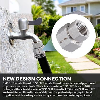 2 Pcs Stainless Steel Garden Hose Fittings Connectors Adapter,3/4" GHT to 1/2" NPT Repair Female to Female Double dual water hose connector, Lead-Free