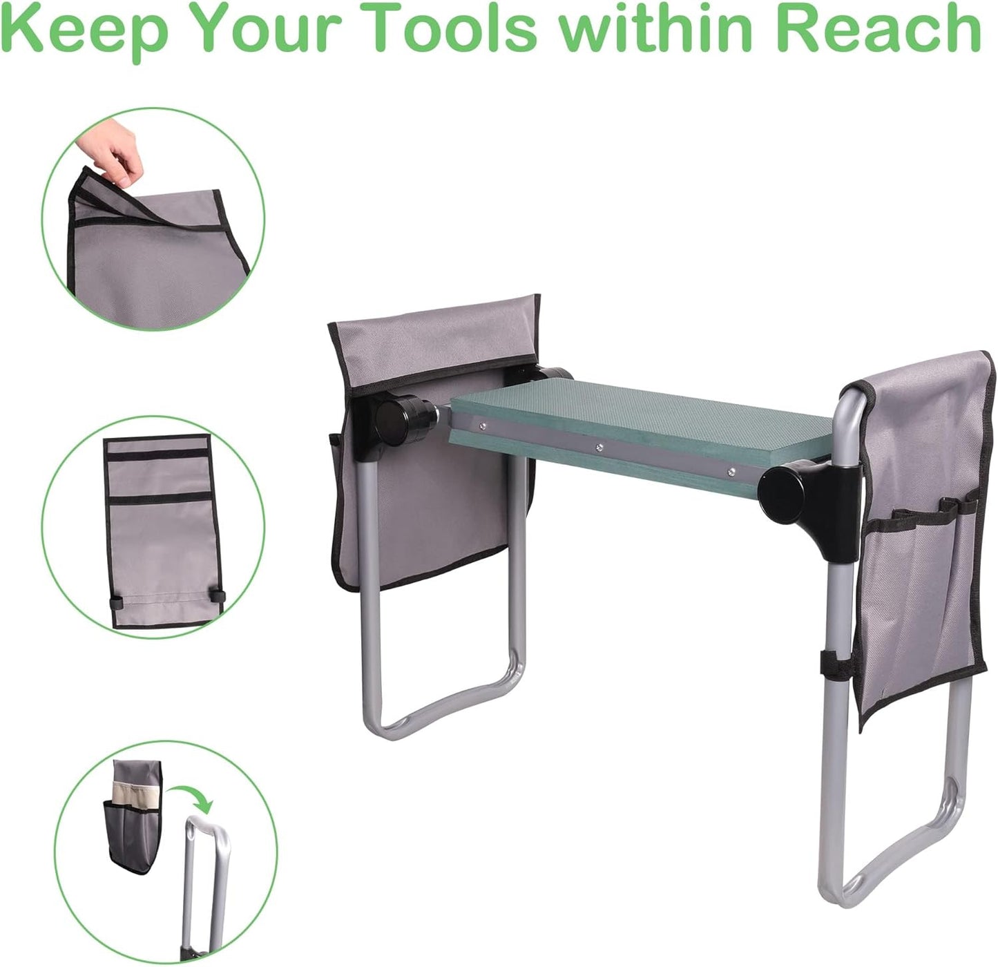 Garden Kneeler and Seat, 2024 Upgraded Foldable Heavy Duty Kneeling Bench with 2 Tool Bags and Soft EVA Foam Pad for Senior, Green
