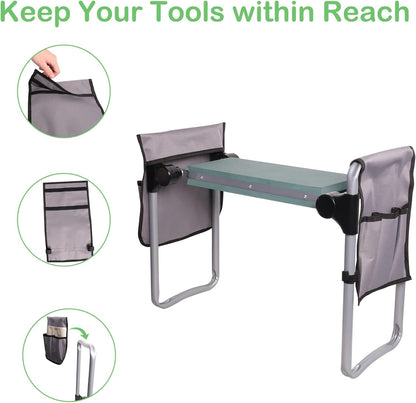 Garden Kneeler and Seat, 2024 Upgraded Foldable Heavy Duty Kneeling Bench with 2 Tool Bags and Soft EVA Foam Pad for Senior, Green