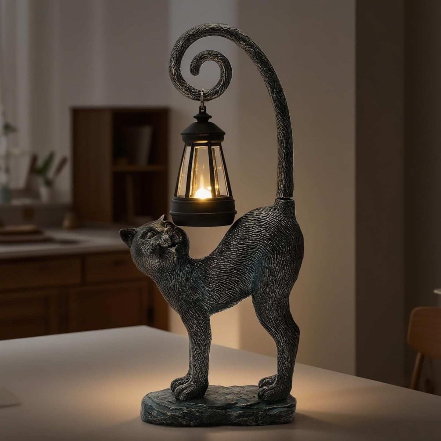 Solar Cat Garden Decor Outdoor Statue - Cat with LED Waterproof Sculptures Lights, Cute Pond/Yard Statues Outside Decoration, Home, Lawn, Patio, Resin Animal Ornament, Women/Gardening Gift