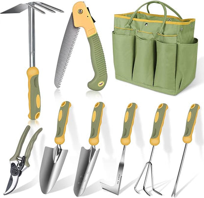 Garden Tool Set, WisaKey 9 Piece Stainless Steel Heavy Duty Gardening Hand Tools with Handle, Durable Garden Tool Bag, Gardening Gifts for Women and Men White Elephant Gifts