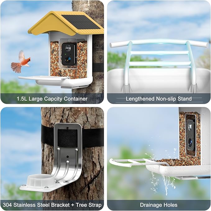 Smart Bird Feeder Camera, Free AI Forever, 1080P HD Camera Auto Capture Bird Videos & 2 Pcs Solar Panel, App Notify When Birds Detected, 32G High-Speed TF Card (Yellow)