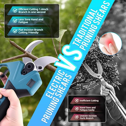 Electric Pruning Shears Cordless,1.6" Brushless Power Pruner with 2x2.0Ah Batteries,21V garden shears 2.5" Max Opening with LCD Display & 3 Pairs SK5 Blade for Tree Trimming,Branch Cutting