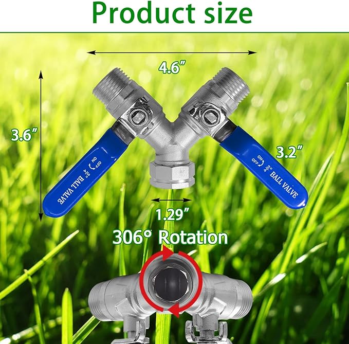 Garden Hose Splitter 2 Way 3/4" GHT Thread Heavy Duty 304 Stainless Steel Y Valve Water Hose Splitter With Long Handle