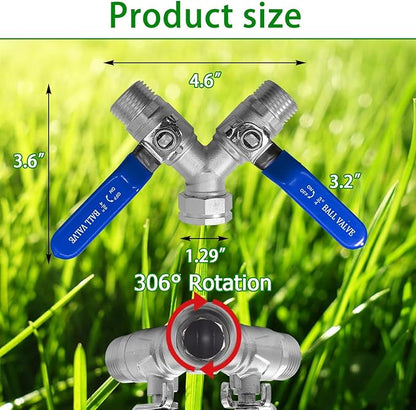 Garden Hose Splitter 2 Way 3/4" GHT Thread Heavy Duty 304 Stainless Steel Y Valve Water Hose Splitter With Long Handle
