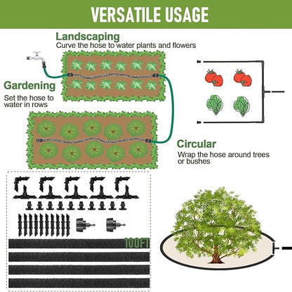 1/4 Inch Soaker Hose for Garden 100ft Soaker Irrigation Drip Hose System, Heavy Duty Drip Irrigation Tubing with Hose Connector Accessories for Watering Garden Beds Vegetable Lawn and Yard (100ft)