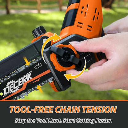 Mini Chainsaw Cordless - DECERK Brushless 6 Inch Electric Chain Saw, Portable Left Handheld Chainsaw Battery Powered for Tree, Branch, Wood, Best Gift Saw Tools for Household & Garden, Men Dad Husband