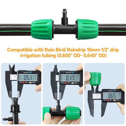 12 Pack Drip Irrigation Fittings for 1/2 Inch to 1/4 Inch Tubing Reducing Tee：1/2" (1/2" ID x 0.65" OD) to 1/4" Drip Line Anti-drop Locked Nut Barbed Reducer Tee Connectors