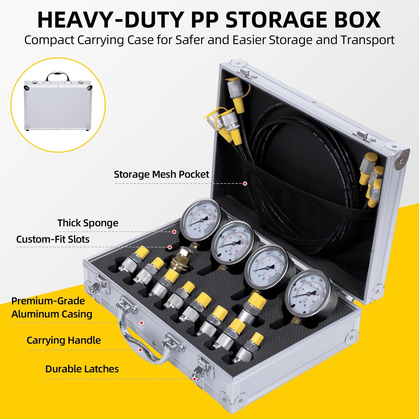 Hydraulic Pressure Test Kit with 4 Gauges (Max 10,000 PSI), 10 Test Couplings, 3 Test Hoses, Hydraulic Gauge Tester Set for Excavators, Construction Machinery, and Mining.