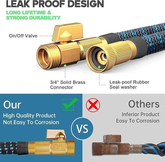50 ft Expandable Garden Hose - Kink Free Flexible Water Hose 50ft with 10 Pattern Spray Nozzle, 3/4 Solid Brass Connectors, Retractable Latex Core - Lightweight Expanding Hose