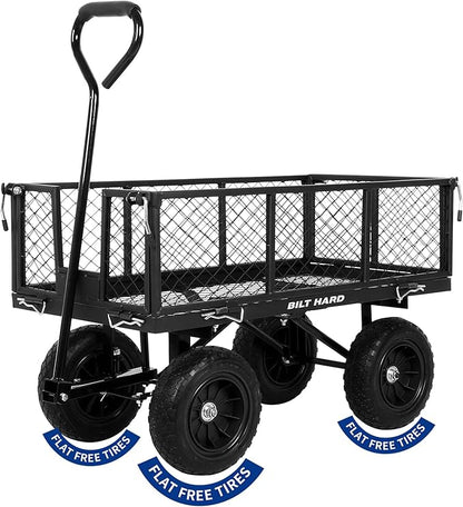 BILT HARD 400 lbs 10" Flat Free Tires Steel Garden Cart with 180° Rotating Handle and Removable Sides, 4 Cu.Ft Capacity Utility Heavy Duty Garden Carts and Wagons