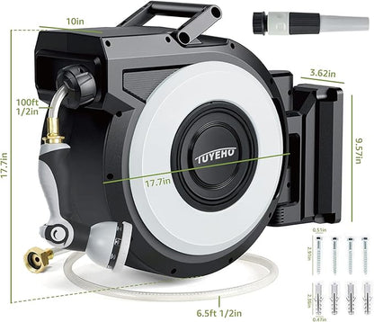 Tuyeho Retractable Garden Hose Reel 100FT, Wall Mount Heavy Duty Water Hose Reels with Automatic Slow Rewind System, Outdoor Hoses Reel with 2 Hose Nozzles for Garden Watering, Car Wash, Pet Shower