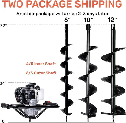 DC HOUSE 52cc 1800W Gas Powered Earth Auger EPA Certified Post Hole Digger, with 3 Drill Bits 6" 10" 12" and 3 Extension Rods 8" 12" 20", Mixing Ratio 30:1, for Fence, Farmland and Garden