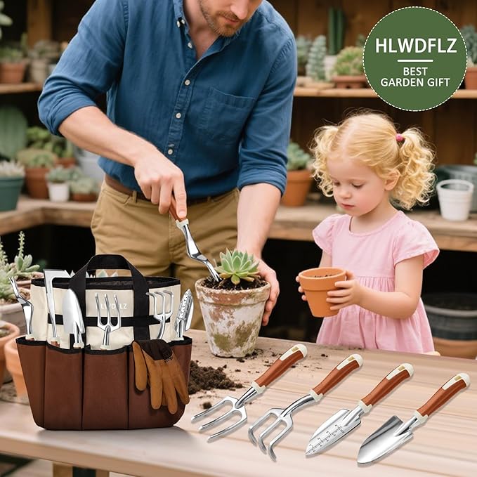 Garden Tool Set, 12 Pcs Heavy Duty Floral Gardening Tools Kit with Gardening Hand Weeder Tools, Durable Storage Bag and Gloves, Gifts for Women and Men Brown