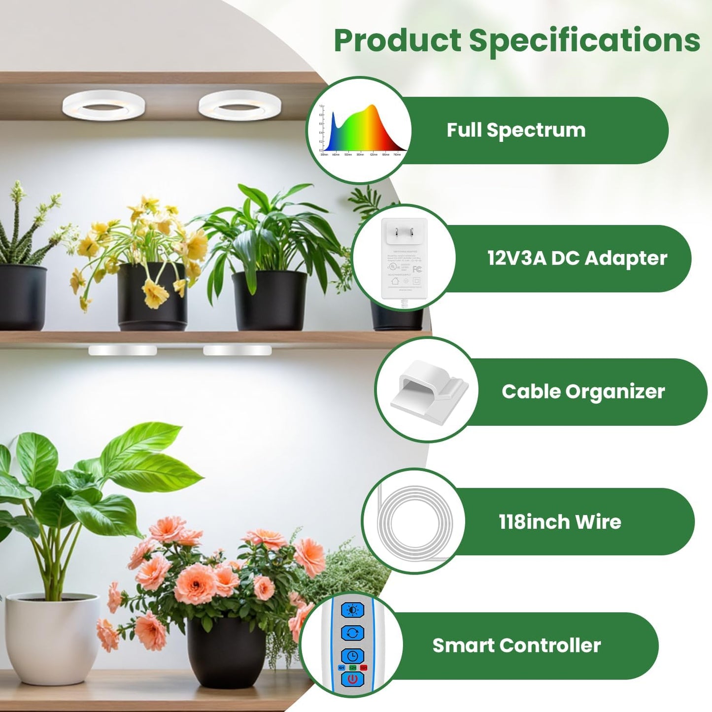 Plant Light, 6 Heads 12V3A Full Spectrum LED Grow Lights for Indoor Plants, 3.5" Under Cabinet Grow Lamp for Small Plants with 6/12/16H Auto Timer, 3 Spectrum Modes, 5 Brightness Levels