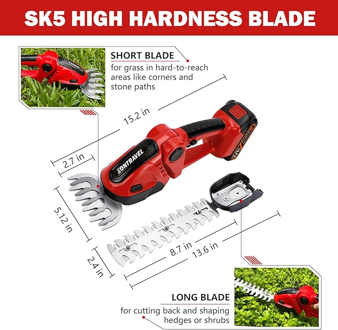 Cordless Hedge Trimmer & Grass Shears - 24V Electric Shrub Trimmer Grass Shears Handheld Grass Cutter, Hedge Shear with 2 PCS Rechargeable Battery, Charger and Toolbox to for Garden, Lawn, Red