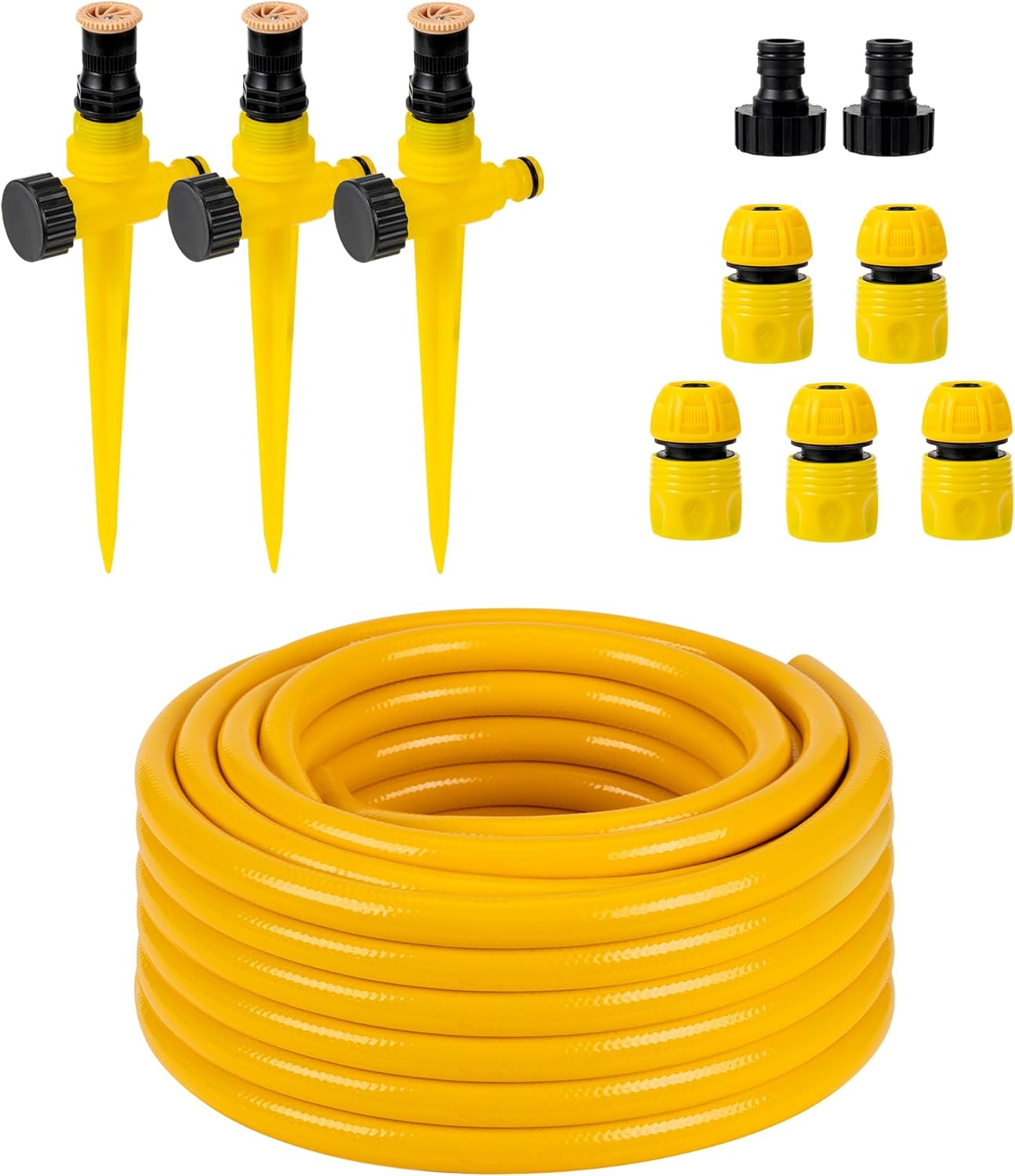 Above Ground Sprinkler System Irrigation Set for Garden Multi-Adjustable Lawn Sprinkler Ideal for Small Areas Plant and Flower Bed Watering, 50ft Yellow Garden Hose Included