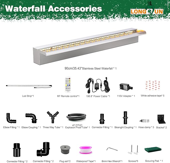 LONGRUN Waterfall Pool Fountain, Updated 5.9'' Wider Open Lip Stainless Steel Waterfall Spillway, Decorative Water Feature for Swimming Pools, Koi Ponds, Spa & Garden - 35.4''