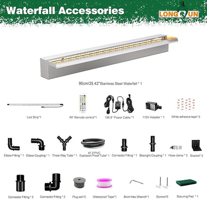 LONGRUN Waterfall Pool Fountain, Updated 5.9'' Wider Open Lip Stainless Steel Waterfall Spillway, Decorative Water Feature for Swimming Pools, Koi Ponds, Spa & Garden - 35.4''