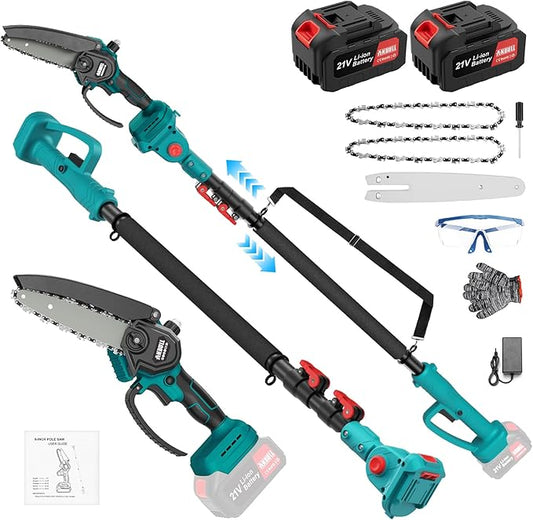 Anbull 2-IN-1 Cordless Pole Saw 6 inch, 2 * 4.0Ah Battery Powered Pole Saws for Tree Trimming, with 15.5ft Max Extension Pole for Tree Branches Wood Cutting