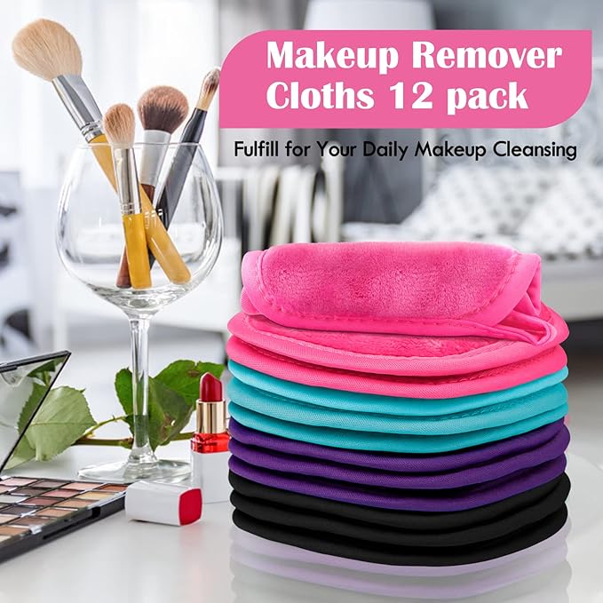 Orighty Makeup Remover Cloths 12 Pack, Makeup Removal Face Cleansing Cloth, Reusable Make Up Remover Pads Remove Instantly Dirt with Just Water, 5 x 5 in