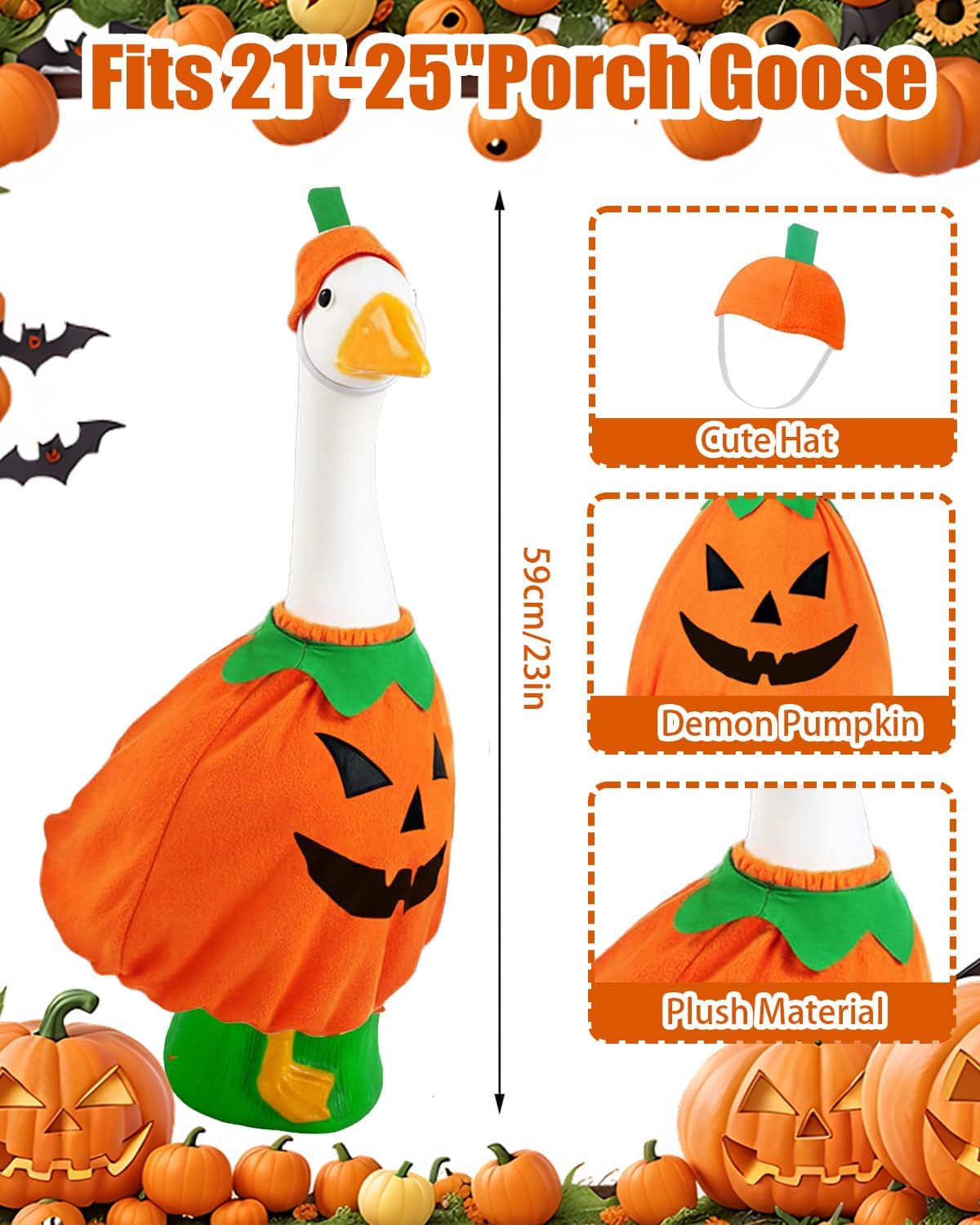 Helloween Porch Goose Outfits, 2 Pcs/Set Pumpkin Lawn Cement Goose Clothes, 23" Patio Yard Garden Geese Costume Decoration