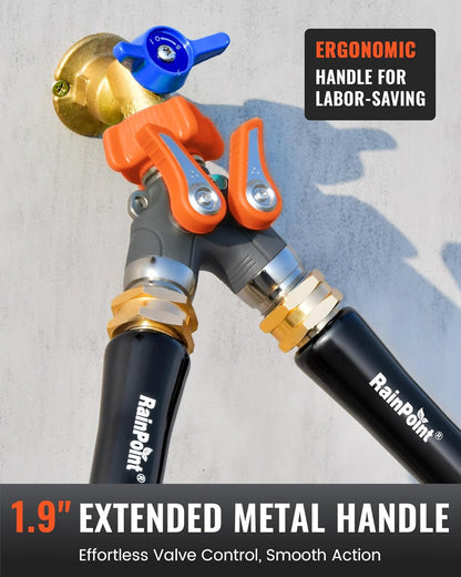 RAINPOINT Garden Hose Splitter, 2 Way Heavy Duty Water Hose Y Spigot Splitter with Shutoff Valves, 100% Metal Body Outdoor Faucet Splitter, 1.9" Extra Long Metal Handle, 3/4" GHT Thread (2, Orange)