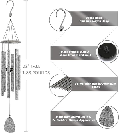 Wind-Chimes-Outdoor-Deep-Tone, Large Soothing Melodic Tones Windchimes, Wind Chimes for Outside, Memorial Wind Chimes Best Gift for Mom Women Grandma Neighbors(32" Silver Coated Aluminum)