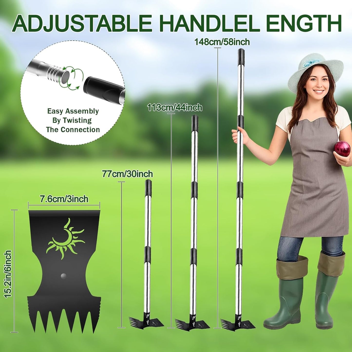 Weed Puller Tool with Long Handle, 60inch Manual Weed Puller Tool, Stainless Steel 2 in 1 Hand Weed Rake,Heavy Duty Garden Hoe for Gardening, Uprooting Weeder Remover for Patio, Lawn, Yard